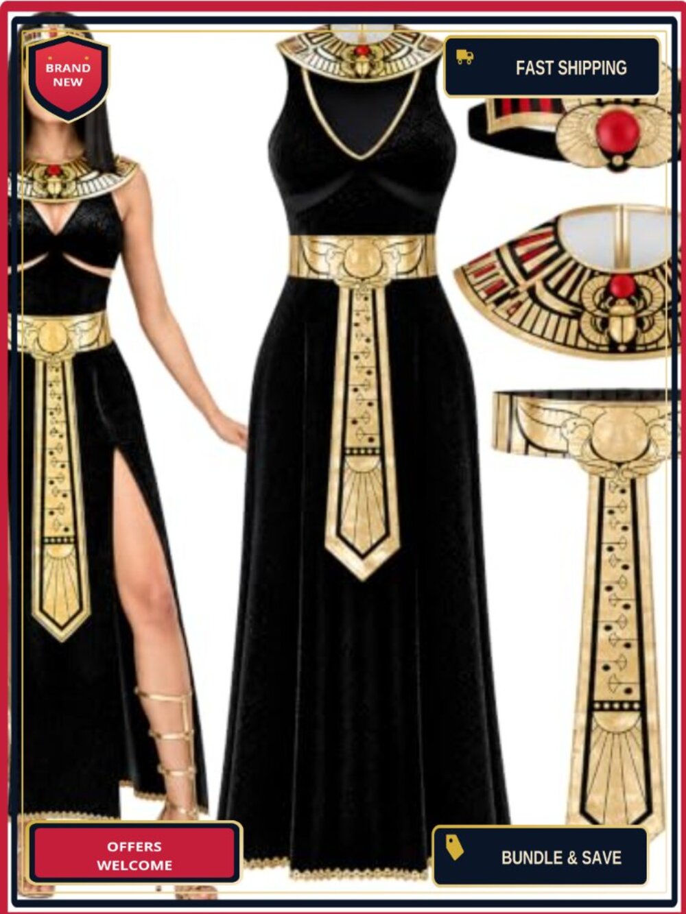 Cleopatra Costume Set Collared Dress with Necklace Belt Headband for Halloween